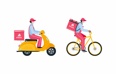 Set of pictures on the theme of fast delivery - scooter and a cyclist - a courier with a box. 