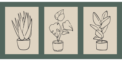Collage of three flowers. Set of hand drawn plants, leaves, dots, blooms. Minimalist sketches. Isolated on beige. Illustrations for social networks, cover design, interiors, advertising, backgrounds.