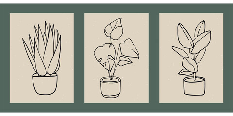 Collage of three flowers. Set of hand drawn plants, leaves, dots, blooms. Minimalist sketches. Isolated on beige. Illustrations for social networks, cover design, interiors, advertising, backgrounds.