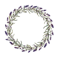 Watercolor illustration, circular wreath of blooming lavender. Design element.