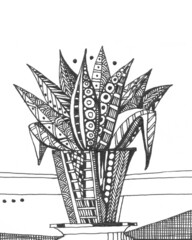 Hand drawn indoor flower with ornamental leaves in a beautiful flower pot on the table. Elegant black and white illustration.