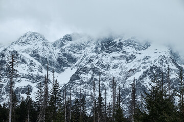 Scenery High Tatras view in the winter. Peaks are covered by clouds.