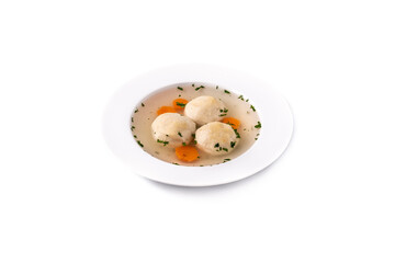 Traditional Jewish matzah ball soup isolated on white background