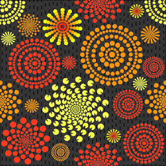 seamless geometric pattern with colorful dotted circles against a black background in vintage style for fabric and wallpaper printing