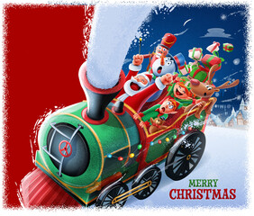 santa claus and his friends carry presents on the train - 453081136