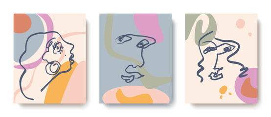 Fototapeta premium Trendy abstract designer greeting cards with faces in pastel colors.Applicable for the design of offices,home spaces, banners, postcards.invitations