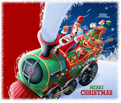 santa claus and his friends carry presents on the train