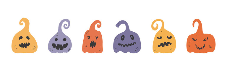 Collection of pumpkins on a white background. Multicolored pumpkin with a smile for your design for the holiday Halloween
