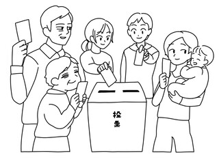 投票する老若男女（線画）