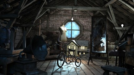 Abandoned attic with antiques. A classic scene from a horror movie. An old broken mirror. Tricycle. Photorealistic 3D illustration.