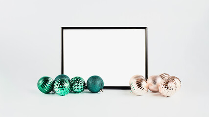 panoramic festive christmas banner. black frame with blank white background for text. christmas decor turquoise and gold, minimalistic composition