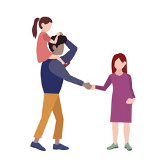 A happy family. The father is holding the child on his shoulders. Pregnant woman. Vector illustration