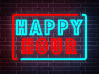 HAPPY HOUR neon glowing sign on dark wall