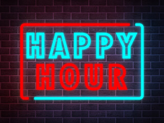 Obraz premium HAPPY HOUR neon glowing sign on dark wall