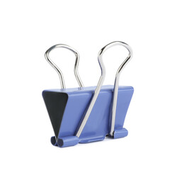 Blue binder clip isolated on white. Stationery item