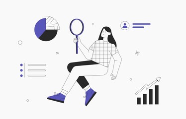 Young woman holds a magnifying glass and analyzes economic statistic, diagram, infographics. Flat style vector illustration.