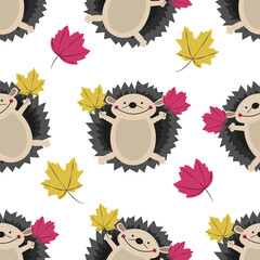 Seamless pattern with hedgehogs and leaves. Autumn motives. Light background. Ideal for baby clothes, fabrics, textiles, nursery decoration, paper printing.