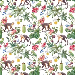Wall murals Jungle  children room Beautiful seamless tropical floral pattern with cute hand drawn watercolor monkey and exotic jungle flowers. Stock illustration.