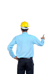 Young Indian male engineer wearing yellow color hard hat on white background.