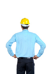Young Indian male engineer wearing yellow color hard hat on white background.