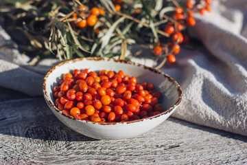 Sea buckthorn berries in a plate on a light background, sea buckthorn oil and mors, sea buckthorn tea. super food and healthy food © Elenka