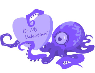 Vector violet octopus with valentine card Be my Valentine