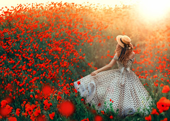 Silhouette romantic happy fantasy woman, back rear view. Girl walks enjoy blooming hill red poppies...