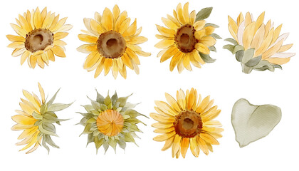 Set of watercolor sunflower flowers. Sunflower watercolor set. 