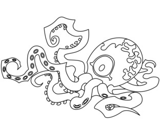 vector outline colorless black and white illustration of cartoon funny octopus with tentacles