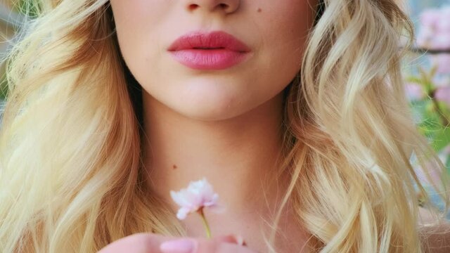 Close-up portrait of lower part face. Fresh healthy tender sexy beautiful pink lips. Natural beauty make-up. Blond woman with long loose wavy hair. Girl holding lonely blooming sakura flower in hand