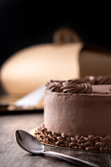 Piece of chocolate truffle cake on wooden table
