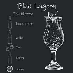 Drink recipe. Blue Lagoon. Stock vector illustration