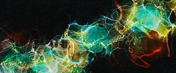 Alcohol ink bacground with turquoise and gold accent, luxury abstract art, hand drawn drawn wallpaper for print, liquid design with shiny colours