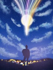 Meteor shower illustration digital painting with a man