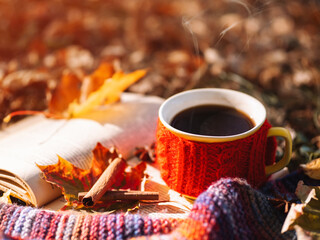 Autumn mood, a cup of coffee in a red sweater in autumn foliage with a book and a colorful warm...