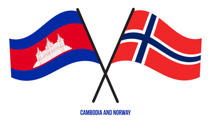 Cambodia and Norway Flags Crossed And Waving Flat Style. Official Proportion. Correct Colors.