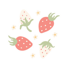 Cute pretty illustration of flowers and strawberries. Doodle flat organic style. Set of berries in round composition. Vector isolated on white background.