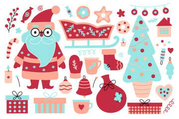 Big Christmas flat set. Cute elements for decorating packaging, textiles and other goods. Ideal for creating Christmas stickers and patterns. 