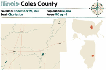 Large and detailed map of Coles county in Illinois, USA.