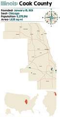 Large and detailed map of Cook county in Illinois, USA.