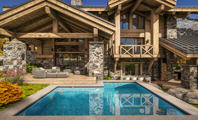 3d rendering of modern cozy chalet with pool and parking for sale or rent. Beautiful forest mountains on background. Massive timber beams columns. Clear sunny autumn day with golden leaves anywhere.