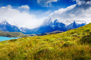 Amazing mountain landscape with Los Cuernos rocks and Lake Pehoe in Torres del Paine national park, Patagonia, Chile