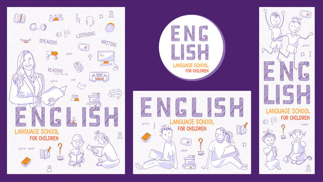 Set of vertical / horizontal / circular flyers for Children’s Language School or course. Teach or learn English. Leaflet with blue outline icons, symbols, signs on white background. Line art, vector