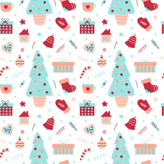 Bright background with a Christmas tree, gifts and Christmas decorations. Ideal for creating Christmas gift wrapping, textiles and other printing products. Original design. Flat style. Festive mood. 
