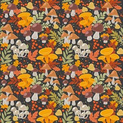 Big seamless pattern from autumn leaves and mushrooms, red berries on dark gray background
