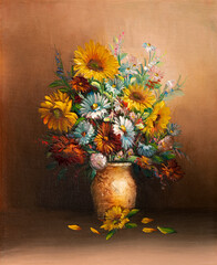Oil painting depicting still life of flowers in vase. Impasto artwork.