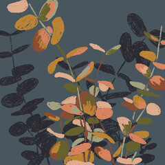 Hand drawn colorful branches of  eucalyptus and shadows on dark blue background. Vector illustration.