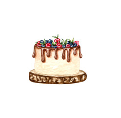 Watercolor wedding cream cake with decorations on a cake stand. Birthday delicious cake.