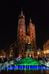 Saint Mary Basilica and Crystal fountain in Krakow, Poland