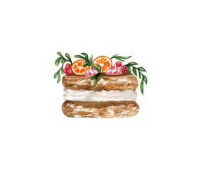 Watercolor wedding cream cake with floral decorations . Birthday delicious cake. Cake clipart